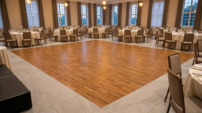 Mise en situation : salle de réception élégante avec piste centrale en teck et bordure gris pierre, tables dressées autour